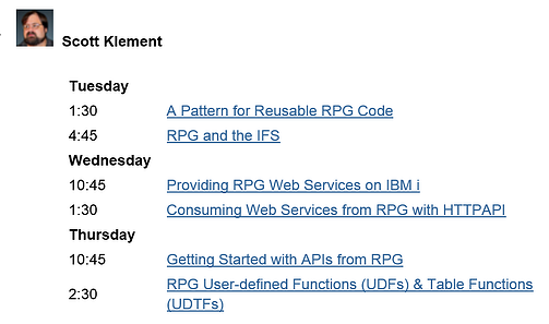 Scott Klement RPG&DB2 Summit Session Speaking Schedule 