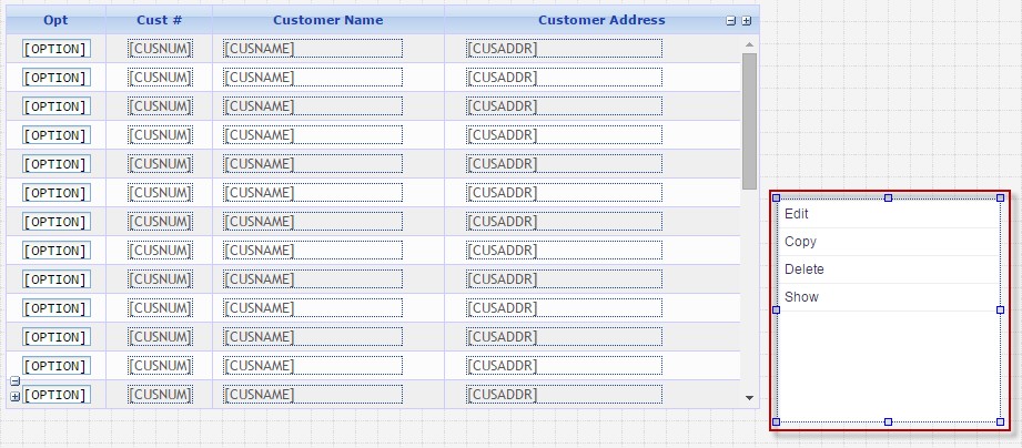 First thing to do is add the menu to your record format containing the grid.